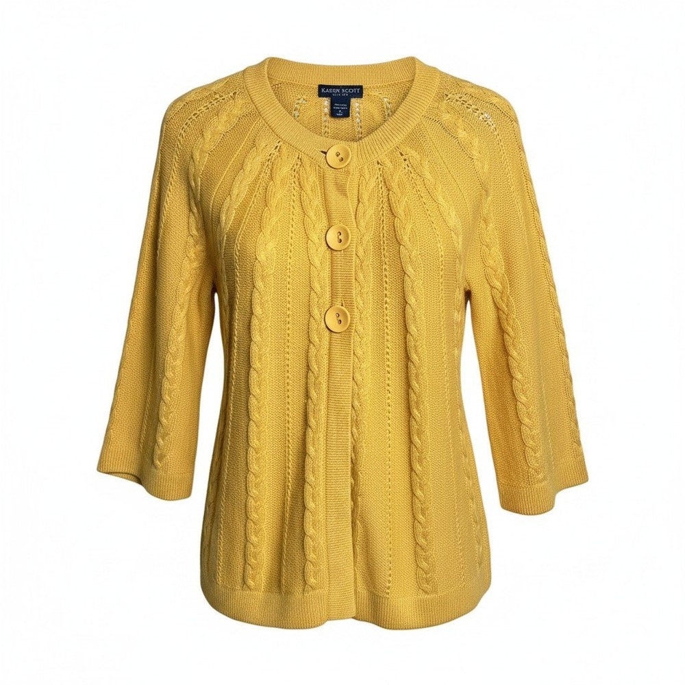 Karen Scott Petites Mustard Yellow Cable Knit Cardigan 3/4 Sleeve Sweater Large